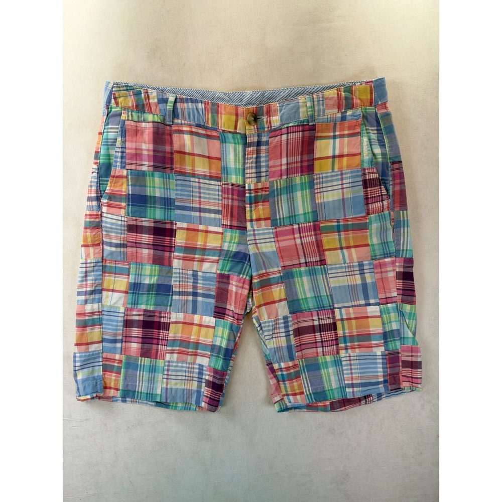 LL Bean Favorite Fit Patchwork Madras Shorts Multi Color Plaid Cotton Size 12